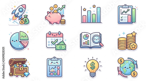 Collection of finance and business icons with cartoon style.