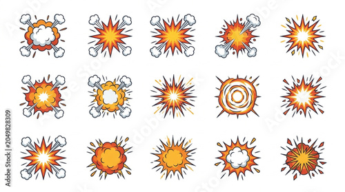 Collection of fifteen colorful cartoon explosion effects.
