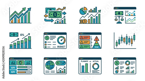 Collection of Financial and Business Data Analysis Icons.