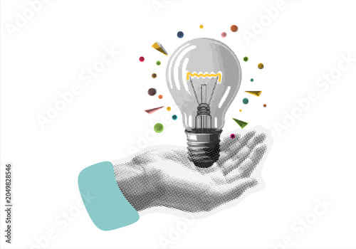 Hand holding a glowing light bulb idea pop art collage. Halftone retro style for idea, innovation, inspiration, and solution concepts.