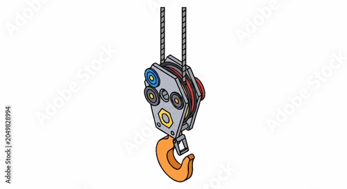 Photos Industrial crane hook with pulley system for lifting heavy loads in construction and manufacturing