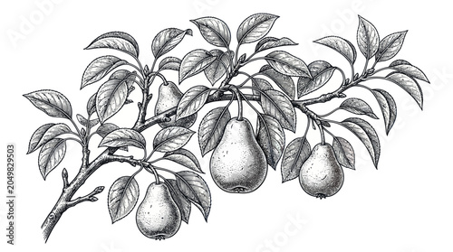 Cuadro en lienzo Botanical sketch of pears hanging on a tree branch.