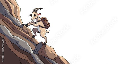 Cartoon goat climbing rocky mountain with backpack, adventure and exploration theme.
