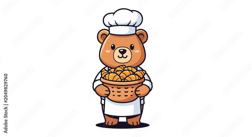 Obraz premium Cute cartoon bear chef holding a basket of croissants, illustration