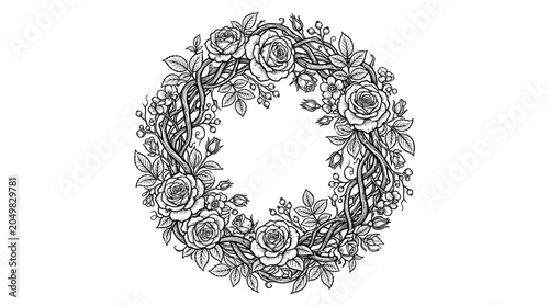 Circular rose floral wreath with detailed leaves and vines.