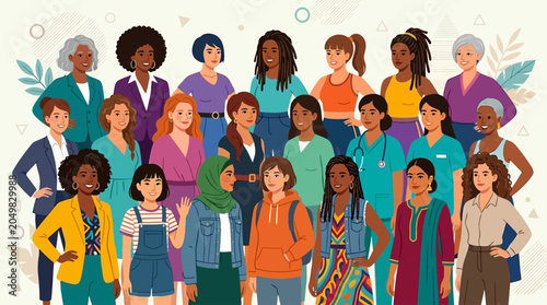Global Sisterhood Vibrant illustration of diverse, empowered women from varied professions and backgrounds, united in strength, celebrating inclusivity