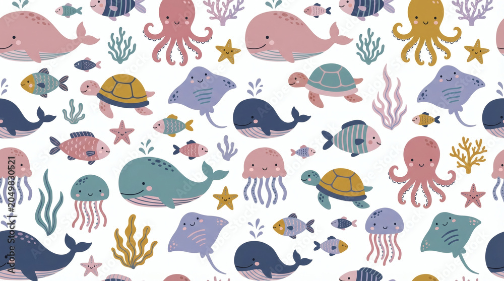 Obraz premium Seamless pattern of cute marine animals in pastel colors