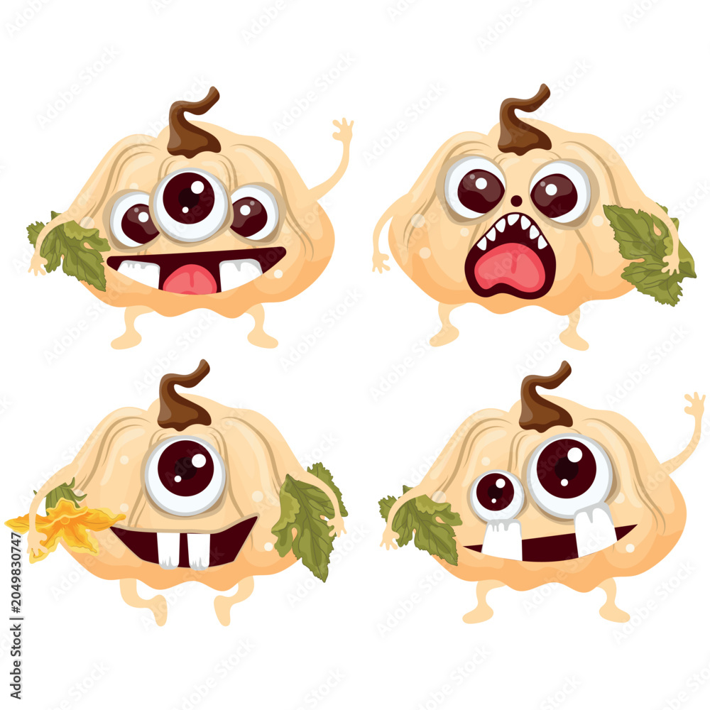 Naklejka premium set of icons of white pumpkin monster characters with different funny emotions and green leaves, icon for Halloween, for stickers, backgrounds, social networks or other holiday designs