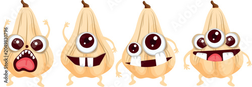 Konstfotografi set of Halloween monsters, white long pumpkins with funny facial expressions and