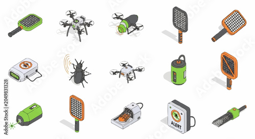 Fotografi Collection of isometric icons representing pest control devices and technology, including drones, bug zappers, and traps