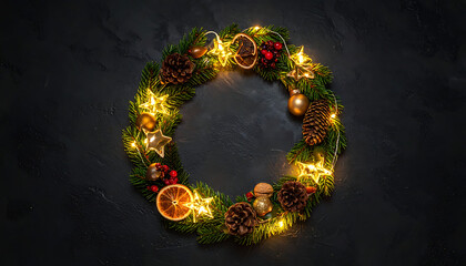 Festive Christmas wreath decorated with pine cones, dried orange slices, baubles, and warm fairy lights on a dark textured background, winter holiday decoration