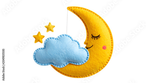 Felt crescent moon with closed eyes, stars, and cloud, hanging mobile for nursery decor, dreamy and soft.