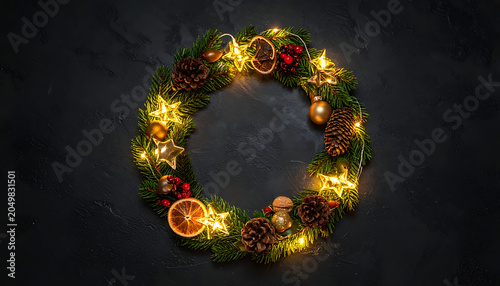 Festive Christmas wreath decorated with pine cones, dried orange slices, baubles, and warm fairy lights on a dark textured background, winter holiday decoration