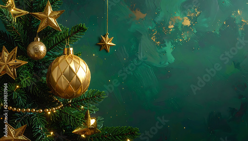 Festive christmas tree decorated with golden ornaments and stars, on a textured green background with bokeh lights