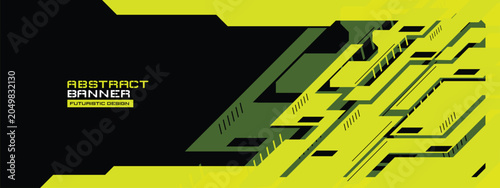 Abstract Black Neon Green Cyberpunk Banner Template, Vector Future Tech Geometric HUD Shapes.