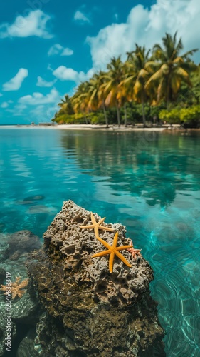 Tropical island paradise with starfish on coral rock in shallow turquoise ocean water