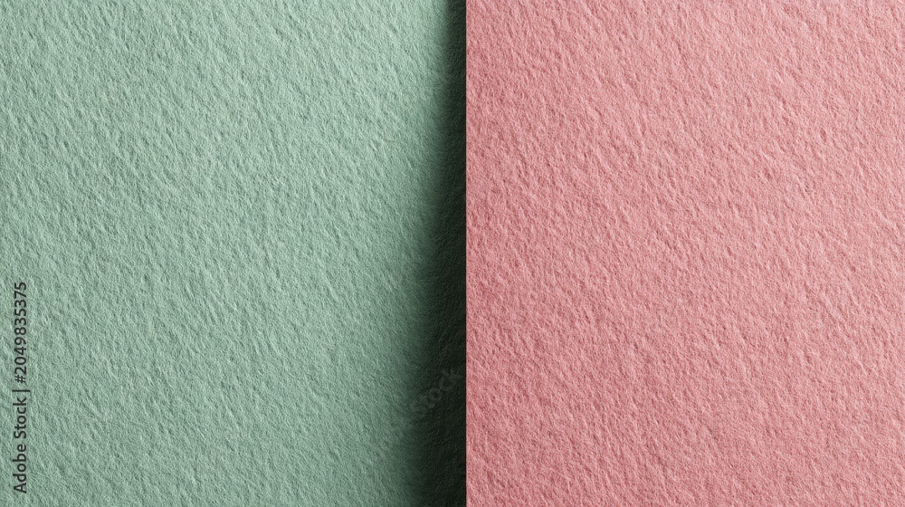 Fototapeta premium A textured wall with a split design, featuring pastel green on the left and pastel pink on the right, abstract color combo background