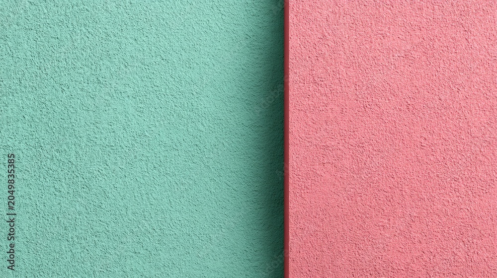 Fototapeta premium A close-up image of a textured wall with two distinct color sections, turquoise on the left and pink on the right, separated by a vertical line, abstract color combo background