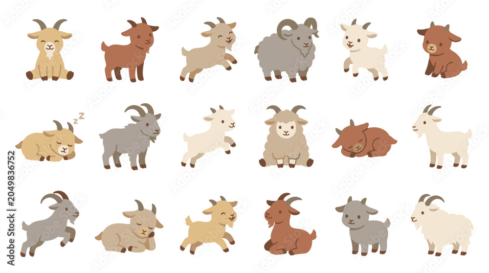 Obraz premium Collection of cute cartoon goats in various poses and colors, including babies and adults, on a white background.