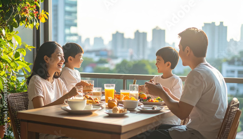 Happy Asian family breakfast outdoor dining balcony city view morning light smiling parent child healthy food orange juice weekend