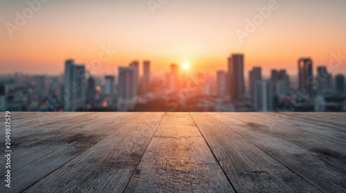City Skyline at Sunset with Wooden Terrace and Vibrant Sky
