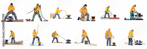 Valokuva Set of vector illustrations featuring professional port workers and sailors handling heavy mooring ropes and bollards on a dock or ship deck