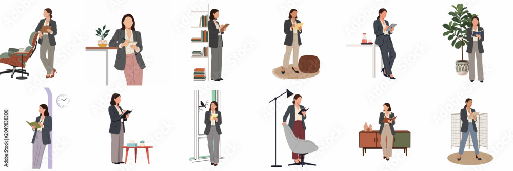 Ταπετσαρία Collection of flat vector illustrations featuring a professional businesswoman in various office poses, performing work tasks like writing, planning, and using digital devices