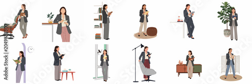 Tableau sur toile Collection of flat vector illustrations featuring a professional businesswoman in various office poses, performing work tasks like writing, planning, and using digital devices