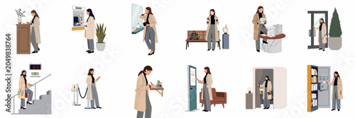 Fotografia Vector illustration set of a professional woman performing various banking activities, including using ATMs, managing finances, and accessing bank services