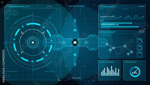 Futuristic blue digital interface dashboard with HUD elements