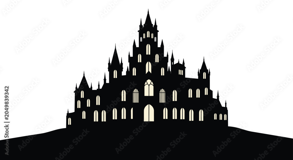 Fototapeta premium Spooky silhouette of a large gothic castle with many towers and glowing windows on a dark hill at night.