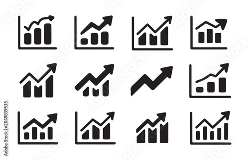 Foto Professional data visualization icons showing diverse bar graph styles with ascending trend line elements