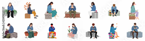 Flat illustration set of diverse young people wearing denim jackets, engaged in various casual activities and hobbies while sitting on different platforms.
