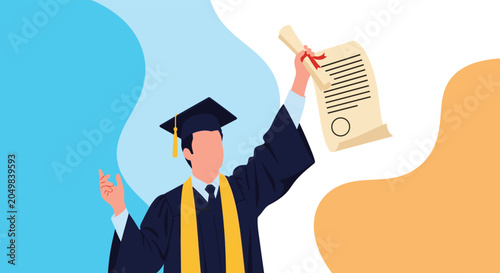 Joyful graduate student wearing a mortarboard and gown while proudly holding up his diploma against a colorful background.
