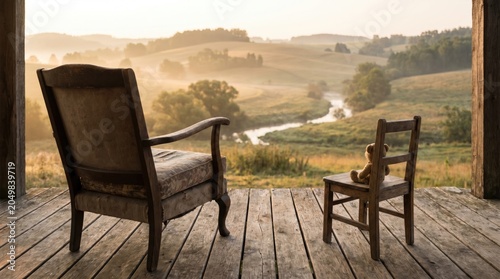 Two chairs on a wooden porch overlooking a misty rural landscape with a winding river at sunrise