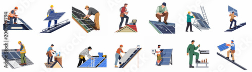 Set of diverse illustrations showing professional technicians and workers installing, maintaining, and cleaning solar panels on rooftops for clean renewable energy solutions.