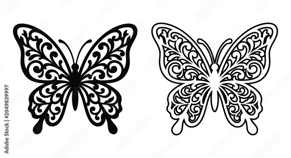Fototapeta premium Ornate butterfly illustrations black and white vector graphic design