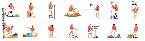 Photos Vector illustrations of sport event organizers and staff performing various tasks like judging, announcing, and coordinating a race on a white background