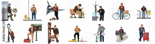 фотографія A collection of diverse character illustrations featuring a man in vintage pilot-style clothing, appearing in various lifestyle and aviation-themed settings