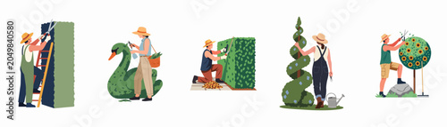 Foto Illustrations of male and female gardeners pruning and shaping various decorative topiaries and hedges in a flat design style on a white background