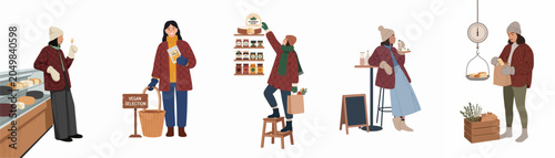 Foto Set of flat illustrations showing people shopping for and tasting vegan cheese and plant-based products in a specialty food market