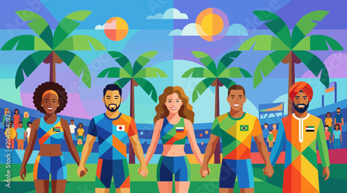 Tableau sur toile Diverse athletes holding hands at stadium with palm trees and sun, unity and spo