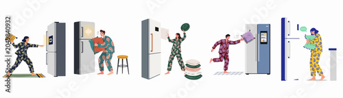 Konstfotografi Illustration of people in pajamas annoyed by noisy refrigerators at night, depicting various sleep disturbances caused by loud kitchen appliances