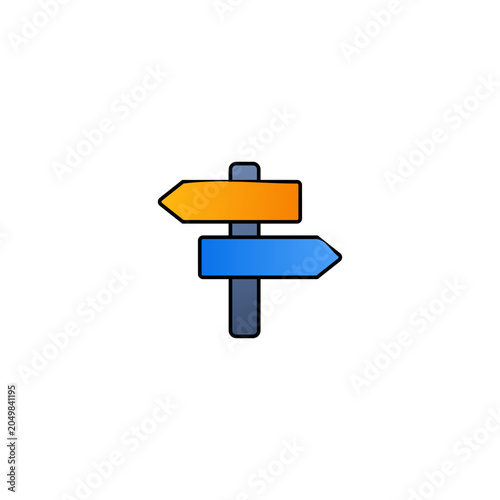 Directional signpost flat line icon. Vector illustration of a wooden or metal post with two arrow signs pointing in opposite directions, featuring orange and blue gradients. 
