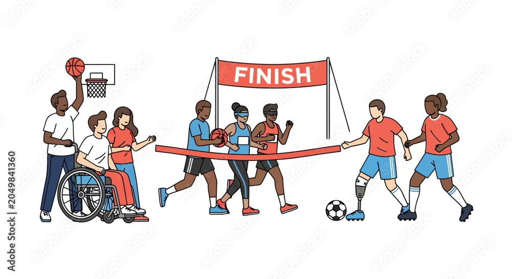 Fototapeta premium Diverse athletes crossing finish line in inclusive sports event illustration