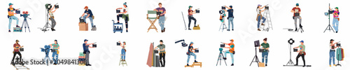 Quadro su tela Flat illustration set of diverse film crew members working with cameras, clapperboards, and lighting equipment on a professional movie production set