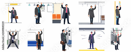 Vector illustrations of a professional businessman commuting on public transport, standing in a subway carriage and holding onto handrails during his daily trip.