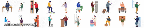 Bilde på lerret Set of flat vector illustrations featuring diverse university students using fidget spinners for stress relief and focus in various campus environments