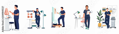 Photos Set of flat vector illustrations featuring medical professionals specialized in rhinoplasty and facial plastic surgery in various clinical environments