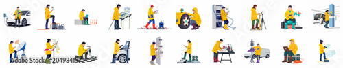 Vászonkép Vector illustrations of professional technicians in yellow raincoats managing drones, electric vehicles, servers, and advanced industrial technology across various modern workspace scenarios